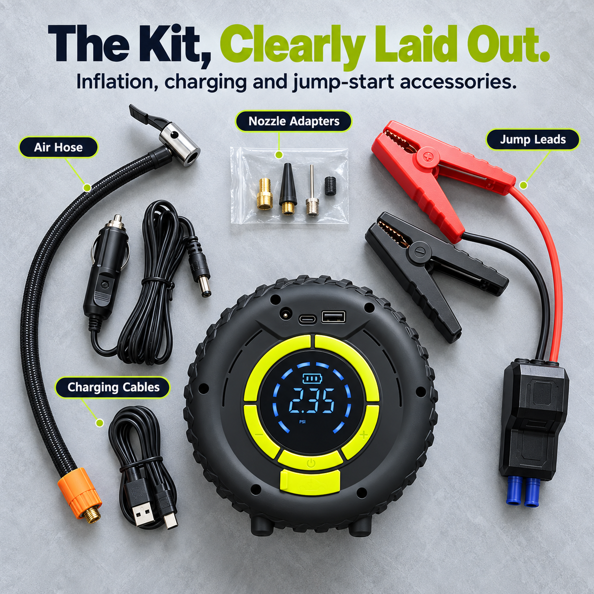 Car jump starter kit with air hose, jump leads, charging cables and nozzle adapters