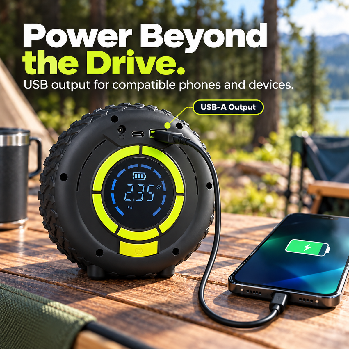 Portable jump starter USB output charging a smartphone