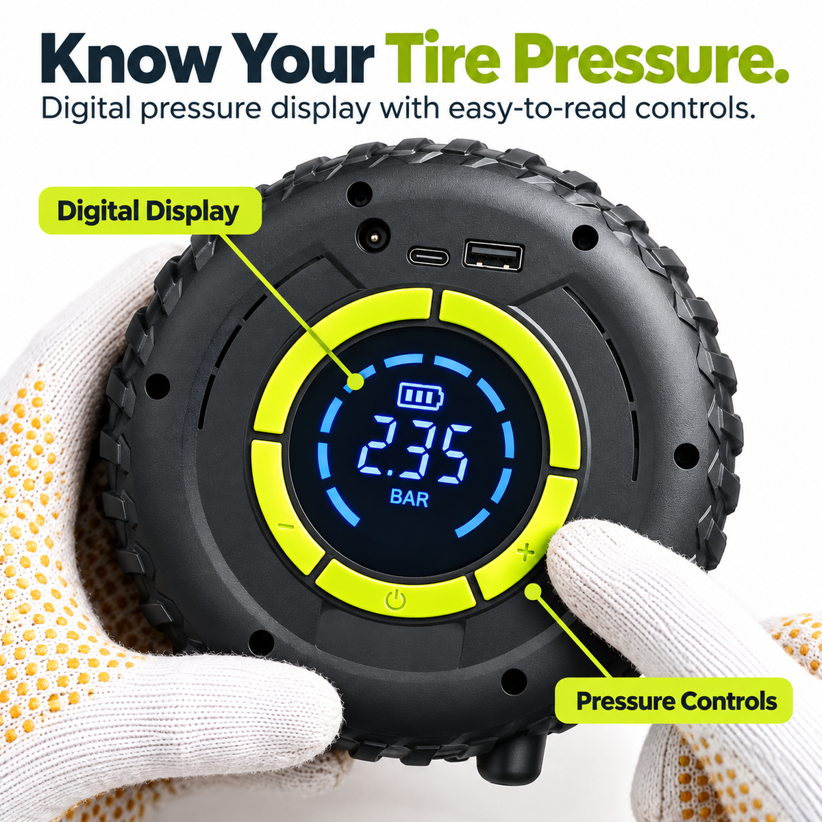 Digital tire pressure display and pressure control buttons