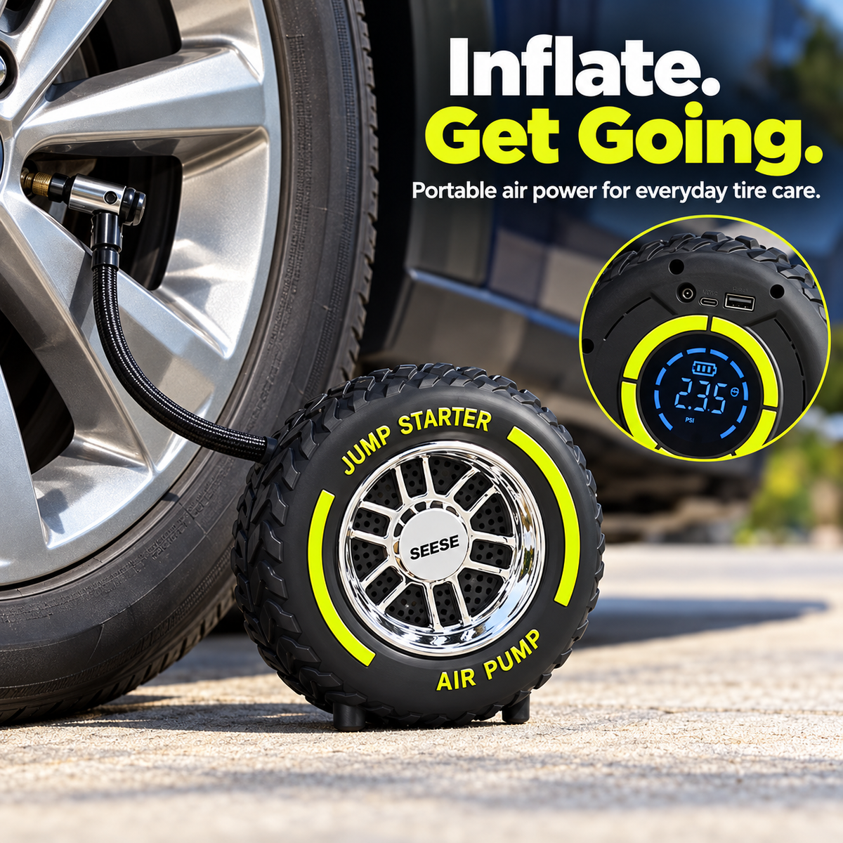 Portable air compressor inflating a car tire