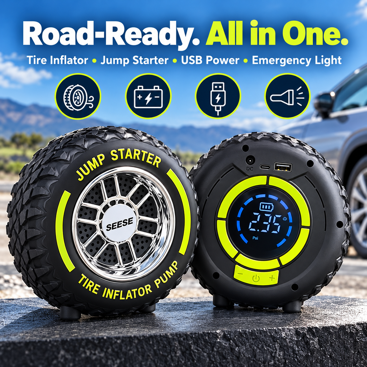 All in one portable car jump starter and tire inflator