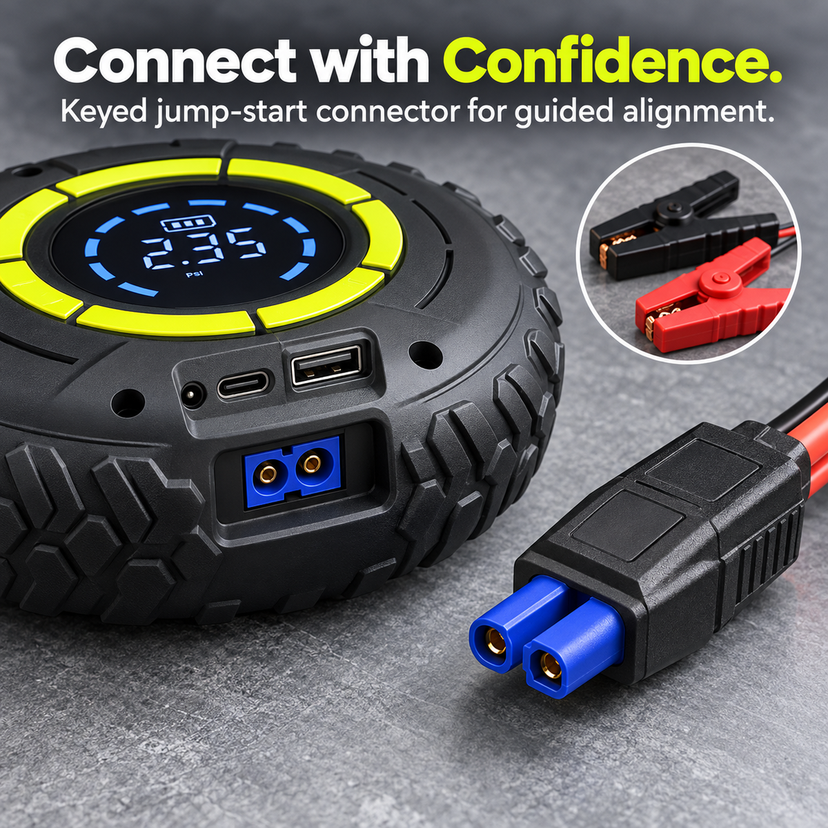 Close-up of jump starter connectors and charging ports